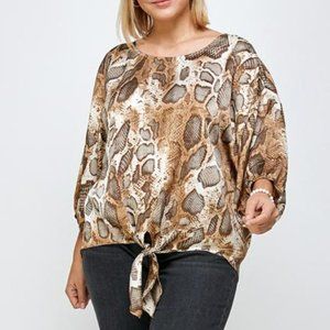 NWT See And Be Seen Brown Animal Print Tie Front Blouse Plus